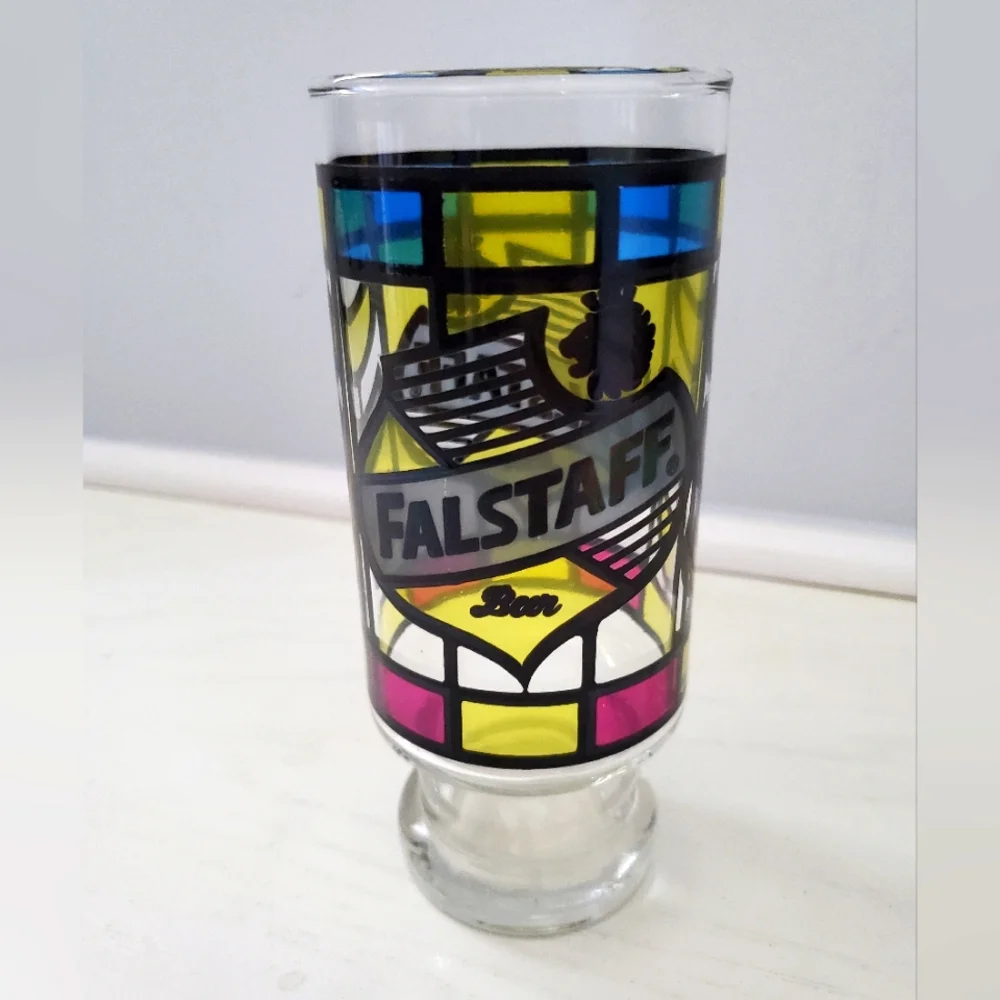 FALSTAFF BEER vintage drinking‎ glass 1970s stained-glass